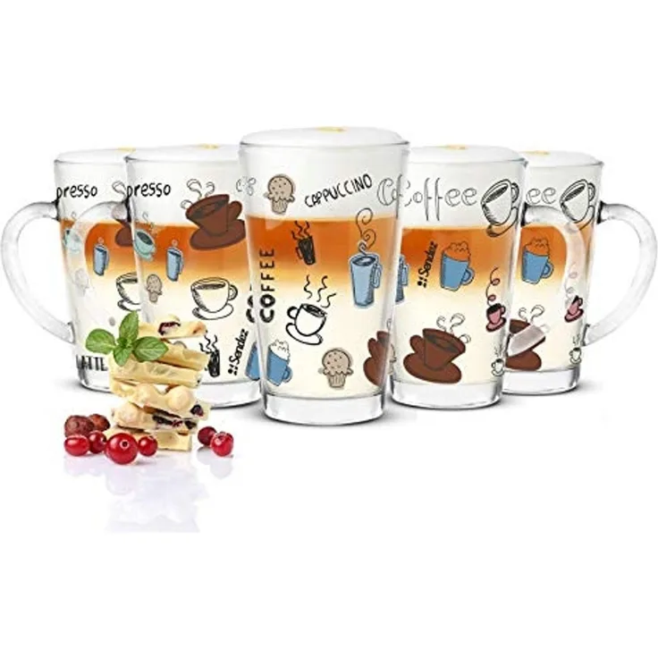 Sendez Latte-Macchiato-Glas 6 Latte Macchiato Gläser 300ml Kaffeegläser mit buntem Kaffee-Aufdruck, 6-tlg, Glas