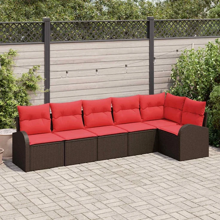 vidaXL Gartensofa-set mit Kissen 6 pcs Braun und Rot Poly-Rattan 3354733 – Bild 1