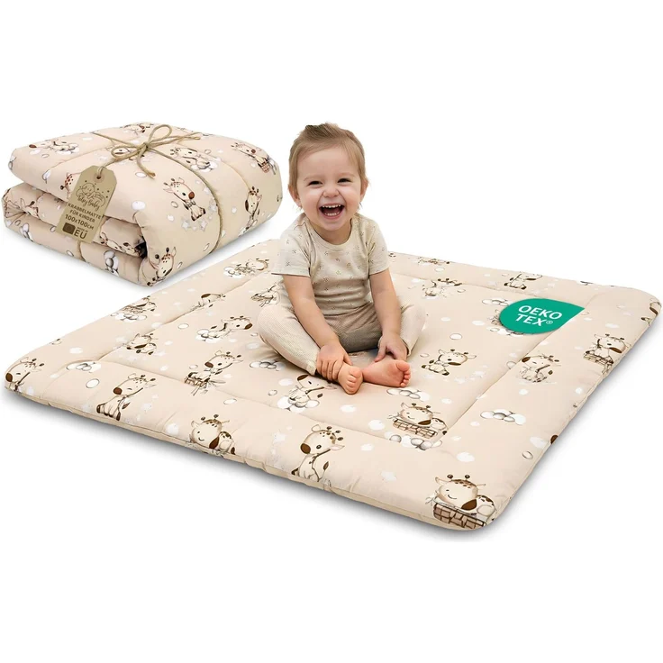 Krabbelmatte Baby 100 x 100 cm gepolstert – Krabbeldecke Spieldecke waschbar bei 30 Grad für Kinderzimmer Laufgitter & unterwegs – Spielmatte Babymatte faltbar Giraffen