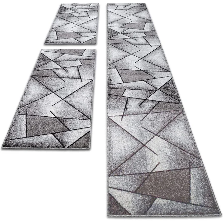 oKu-Tex Bettumrandung 3 teilig, Läufer (67 x 340 cm) + Brücken (2 x 67 x 140 cm), Kurzflor, (Set 3 teilig, 3-tlg), Teppich Schlafzimmer Bettvorleger Set schmal gewebt grau meliert – Bild 1
