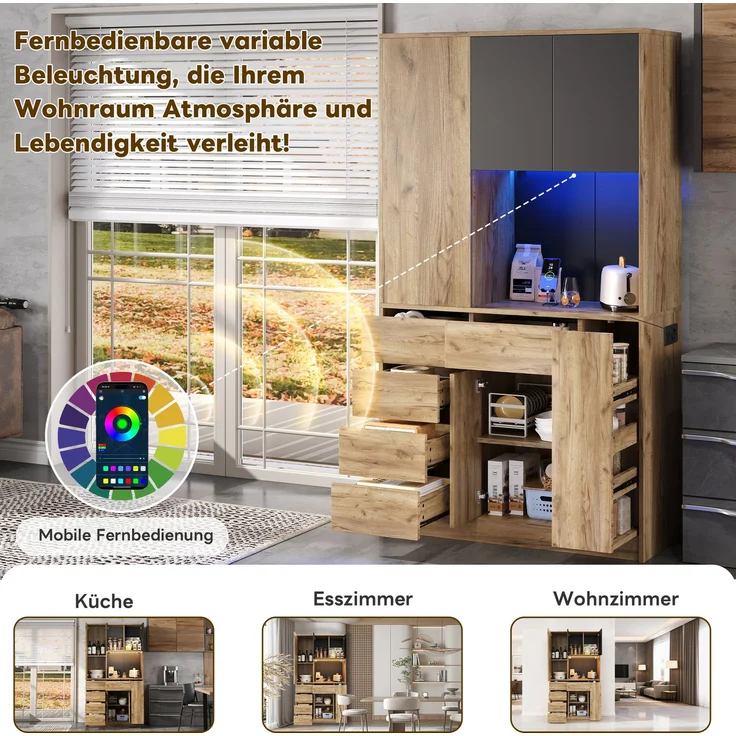 ZUBALIYA Küchenschrank 105x40x185 cm, mit LED-Beleuchtung, mit Steckdosen, mit verstellbaren Einlegeböden, aus MDF, Schwarz / Natur – Bild 3