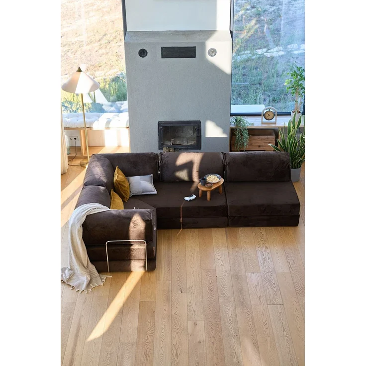 Ecksofa mit Schlaffunktion, 300 cm, braun, 100% Gerippter Plüschstoff, Abnehmbarer Bezug, 4 Kissen, haustierfreundlich, rutschfest – Bild 5