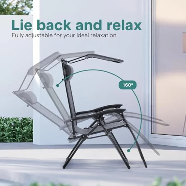 SereneLife Liegestuhl Klappbar 2er Set, Gartenliege Wetterfest für Balkon, Strand, Terrasse & Garten, Campingstuhl mit Sonnendach, Beistelltisch & Getränkehalter, Relaxliege mit Stahlrahmen, Schwarz – Bild 4