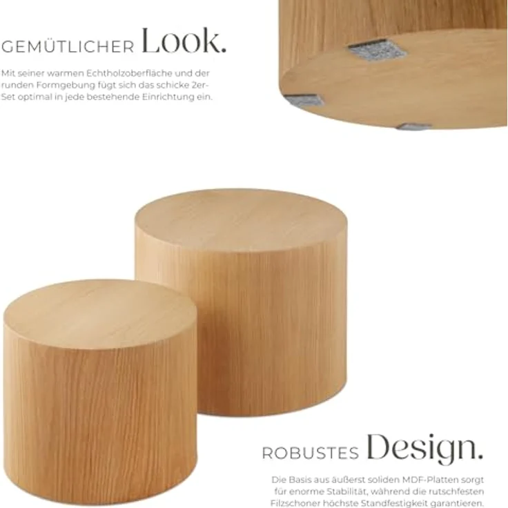 tectake Couchtische Danny, 2er Set aus Eichenfurnier, rund, Ø 48 & 38 cm, stabil und pflegeleicht, komplett montiert – Bild 5