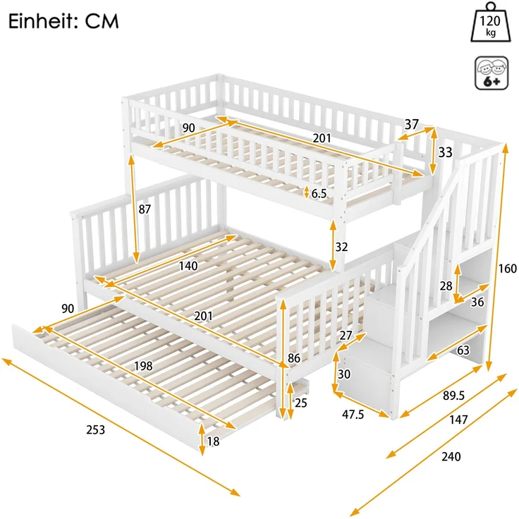 Etagenbett 90x200/140x200 cm Kinderbett mit ausziehbarem Rollbett,Hochbett mit Ablagefächern, Treppe und Geländer,weiß – Bild 7