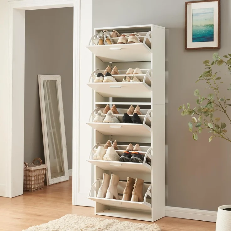 Schuhschrank Sykkylven 169x60x24 cm mit 5 Klappen Weiß [en. casa] – Bild 1