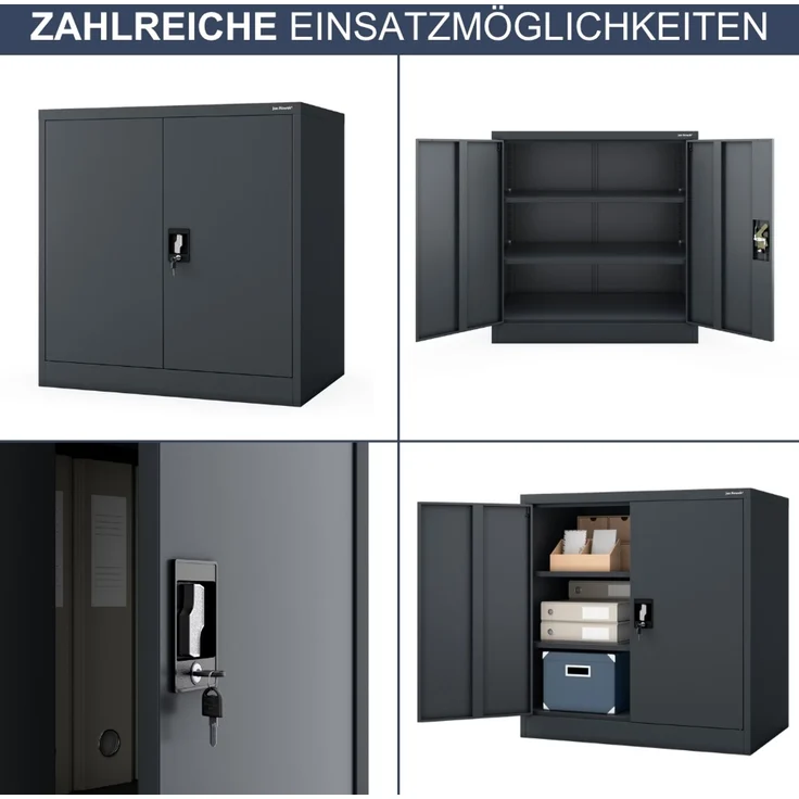 Aktenschrank abschließbar KADO - 3 Ebenen verstellbar, Flügeltüren | Metallschrank Werkstatt Mehrzweckschrank Büroschrank aus Stahl Werkzeugschrank, 93 x 90 x 60 cm Anthrazit – Bild 6