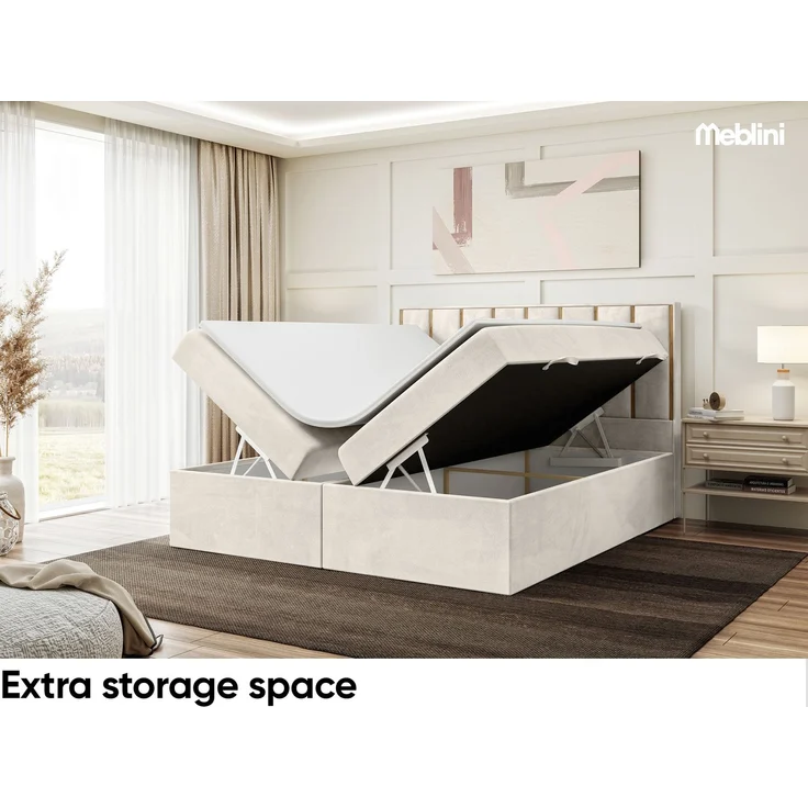 MEBLINI Boxspringbett KAI 200x200cm - H3/Creme Samt - mit Bettkasten - Gepolstert Doppelbett mit Matratze und Topper - Polsterbett mit Stauraum - Bett mit Kopfteil – Bild 5
