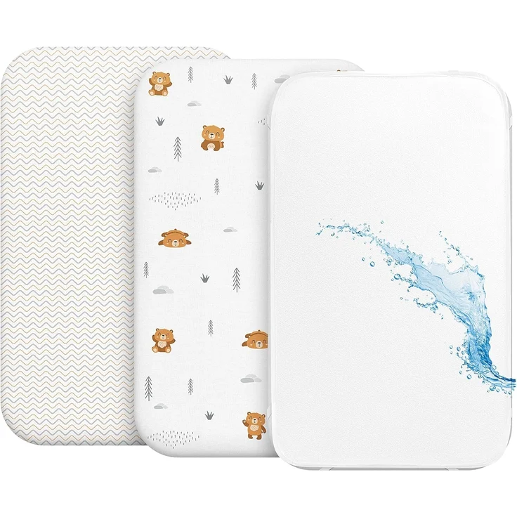 2X Spannbettlaken aus 100% Baumwolle mit Gummiband - 1X Matratzenschoner aus 100% wasserdichtem Material - 3er-Set - 55x90 cm - Teddybär – Bild 1