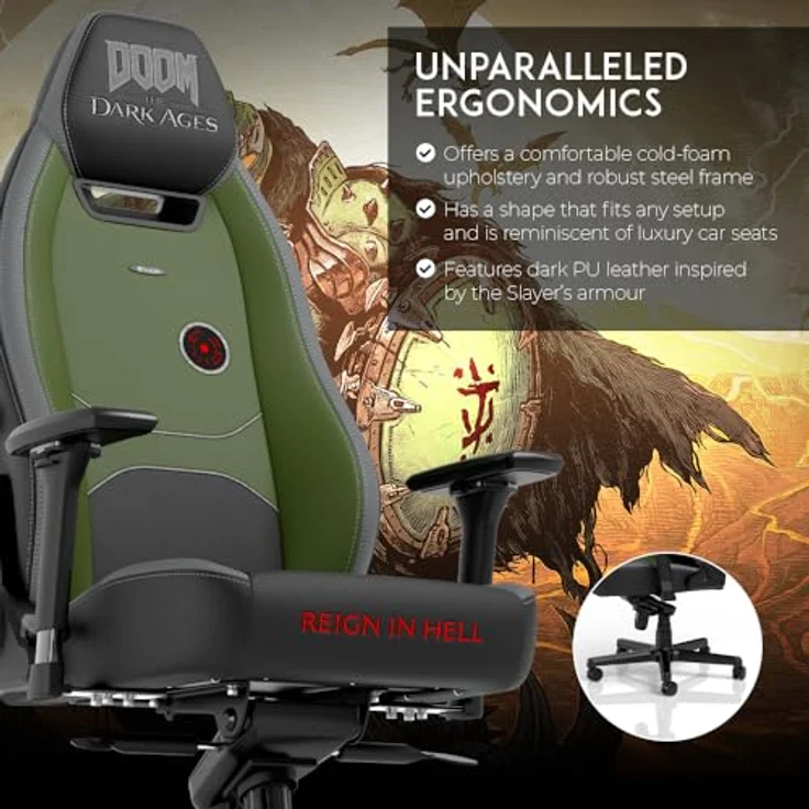 noblechairs LEGEND Gaming Stuhl - DOOM: The Dark Ages Edition, schwarzer Kunstlederbezug mit grünen Akzenten, Kaltschaumpolsterung, bis 150 kg belastbar, ergonomisch verstellbar – Bild 6