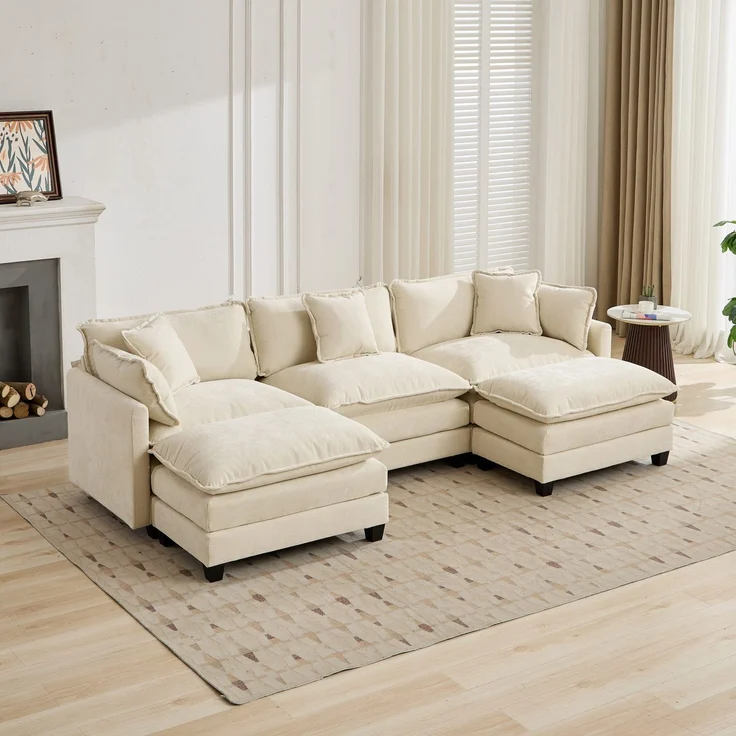 ZUBALIYA Sofa mit LED - Beleuchtung, mit Chenille - Bezug, mit Cordbezug, modular aufgebaut, aus Chenille, Beige – Bild 16