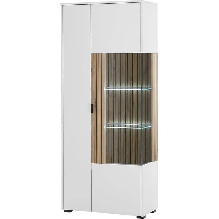 Lomadox Vitrine HUNTER-61 Vitrine Standvitrine Schrank weiß matt Eiche gerillt 75x180x38 cm