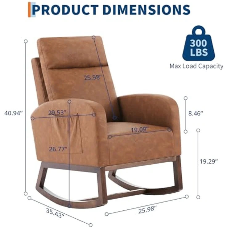GarveeLife Stillschaukelstuhl für Kinderzimmer, PU-Leder Schaukelstuhl mit 66 cm hohem Rückenlehne, Moderner Relaxstuhl für Wohnzimmer, Schlafzimmer & Leseecke – Braun – Bild 2