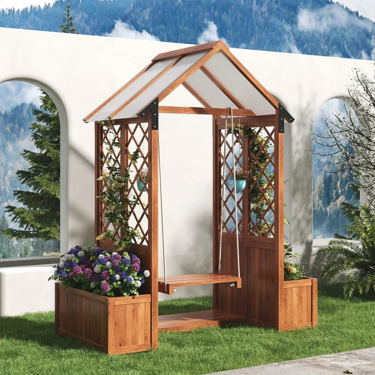 Spalier mit Blumenkasten und Schaukel, Holz-Pflanzengitter, Pflanzkasten, Rankgitter, Rankhilfe – Bild 4