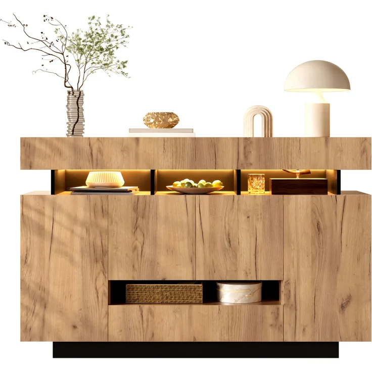 Sideboard 140 x 35 x 90 cm mit 4 Türen, 3 Schubladen und RGB-Beleuchtung – Natur/Schwarz – Bild 6