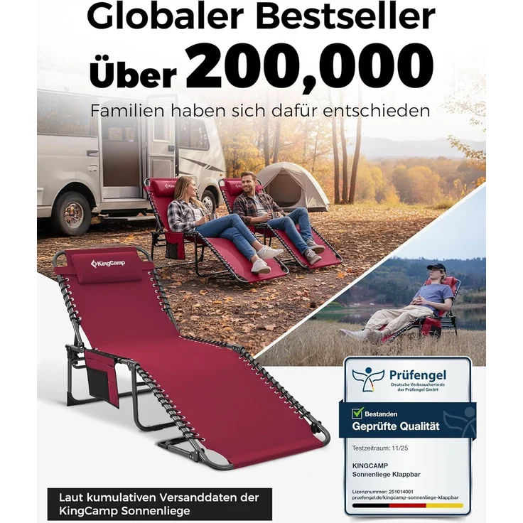 KingCamp Campingliege Sonnenliege Gartenliege klappbar 5-Stufig Verstellbarer Rückenlehne Liege Gartenstuhl Strandliege Camping Klappbett mit Kopfkissen für Garten Urlaub Outdoor Strand Pool – Bild 9