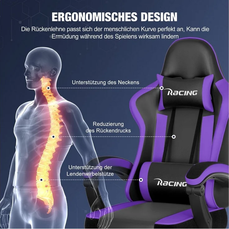 Hiazurm Gaming-Stuhl Gaming Stuhl Chair Gamer Sessel - Ergonomischer Gamer Stuhl (Tragkraft 150 Kg), Gamingstuhl mit Fußstütze Kopfstütze und Lordosenstütz PC Sessel – Bild 2