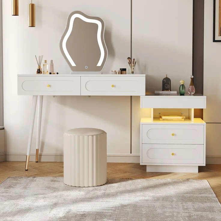 Abrihome Schminktisch mit LED, Weiß, 130x40x140 cm