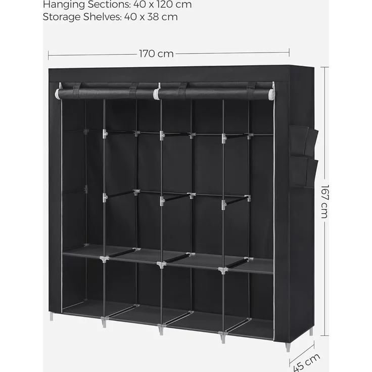 SONGMICS Stoffschrank, Kleiderschrank, 45 x 170 x 167 cm, 4 Hängefächer, mit Ablagen, 4 Seitentaschen, viel Platz, für Schlafzimmer, Wohnzimmer, schwarz RYG094B02 – Bild 6