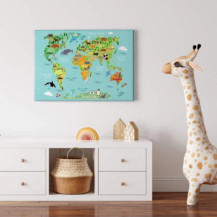 Weltkarte Leinwandbild Kinderzimmer Blau Grün 70x50 DD123107 Wandbild Leinwand – Bild 2