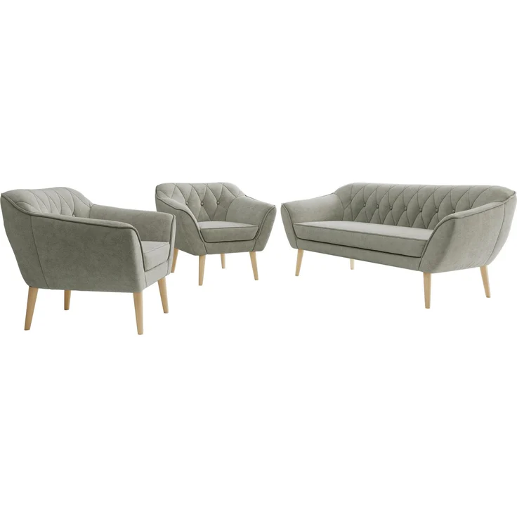 Wohnzimmerset PIRS 1-1-3, Skandinavisches 3-Sitzer Sofa mit Sesseln, Sofa mit Wellenfederung, Buche Füße, Skandinavisches Möbelset - Hellgrau Stukture – Bild 7