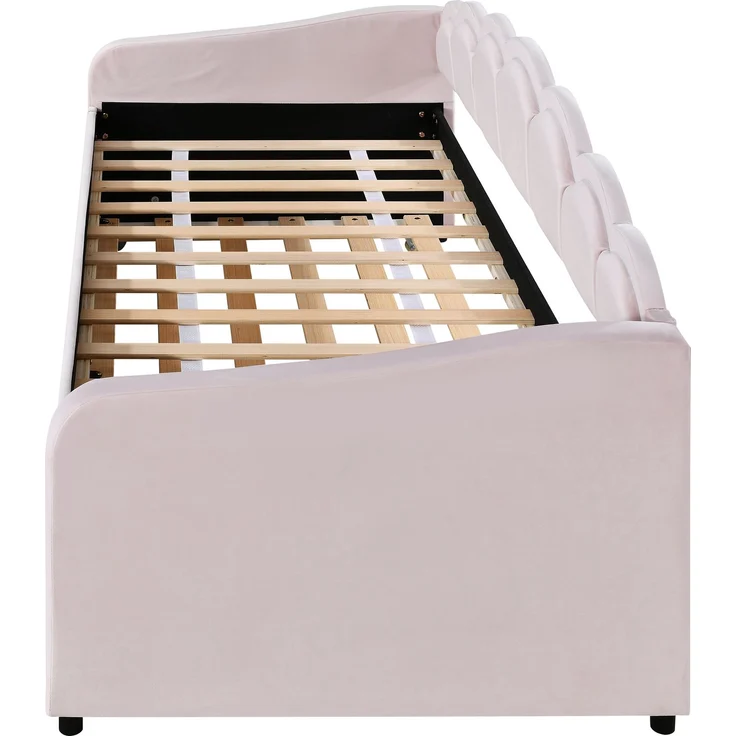 Tagesbett, Samt mit ausziehbarem Rollbett & LED-Beleuchtung, 90x200 cm, Rosa, ohne Matratze – Bild 10
