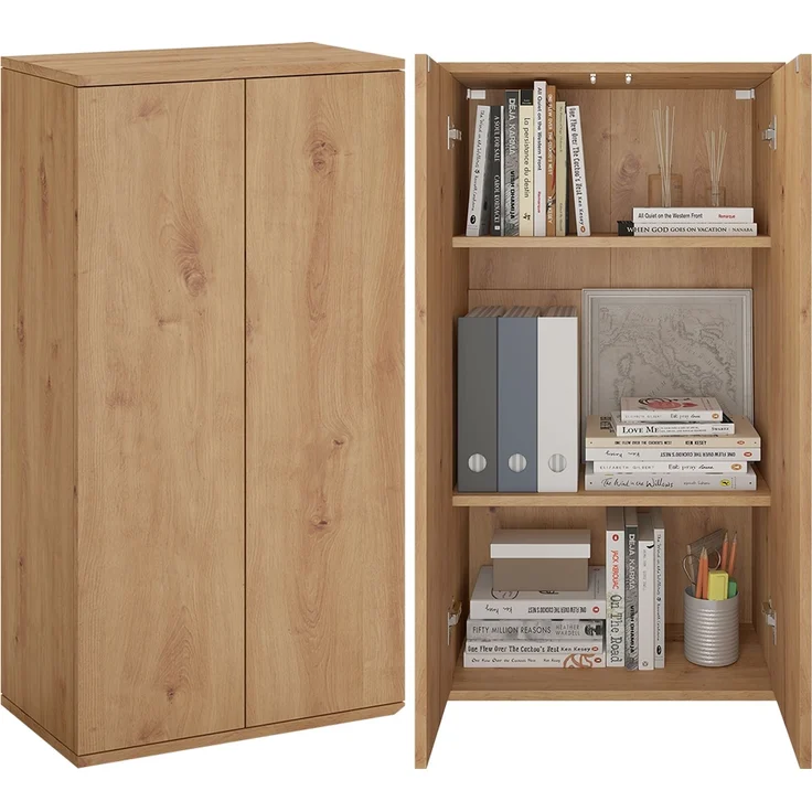 Bellamio 'Ais' Mehrzweckschrank, Eichenoptik, 110x33x60 cm, kleiner Aktenschrank mit 3 Fächern, Hängeschrank mit Push-to-open – Bild 1