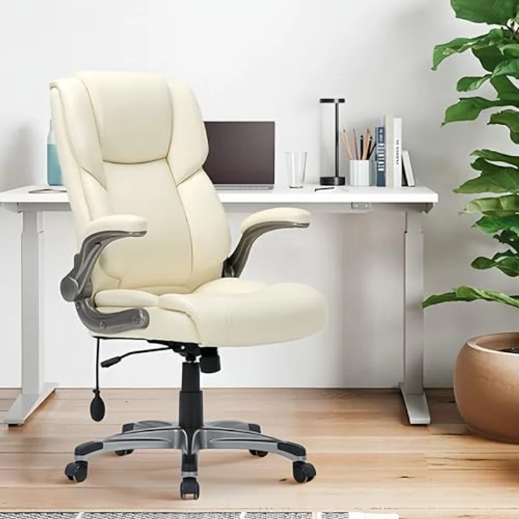 MOLOL Ergonomischer Bürostuhl aus Kunstleder, Schreibtischstuhl mit 74,9 cm hoher Rückenlehne und aufblasbarer Lendenstütze, Drehstuhl mit klappbaren Armlehnen, für Büro Homeoffice Gaming, Elfenbein – Bild 7
