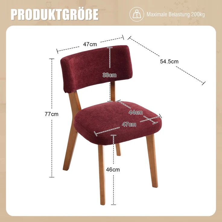 LVHOM 2er Set Esszimmerstühle Leinenstoff, Polsterstuhl aus Massivholz, belastbar bis 200 kg, Stuhl für Esszimmer, Homeoffice & Wohnzimmer, Rot – Bild 6