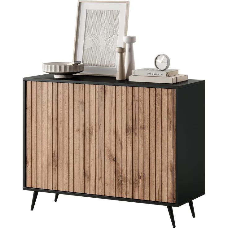 Selsey Bello - Kommode in Schwarz und Wotan Eiche mit Lamellen, goldene Beine, 104 cm breit – Bild 4