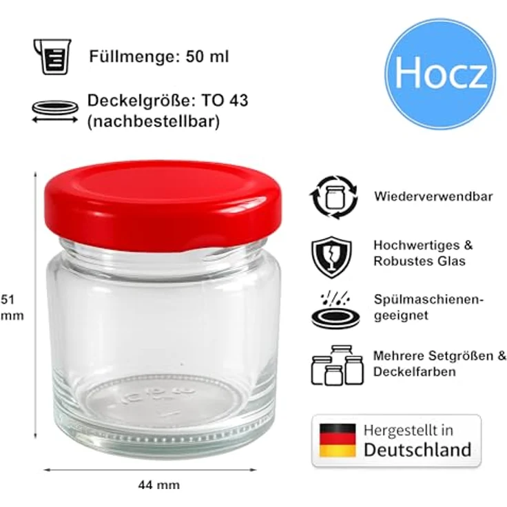 hocz 12x Mini Marmeladengläser 50 ml | mit Deckel Rot TO 43 | kleine Einmachgläser mit Schraubdeckel zum befüllen | Schraubgläser, Sturzgläser Set | leere Gläser für Marmelade | 12 Stück – Bild 2