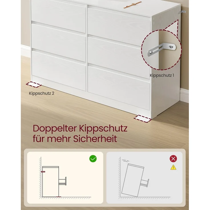 VASAGLE 'Kailyn Kollektion' Kommode mit 6 Schubladen, Aufbewahrungsschrank, Wäschekommode, für Schlafzimmer, modern, schneeweiß, 40x119,4x75 cm – Bild 4
