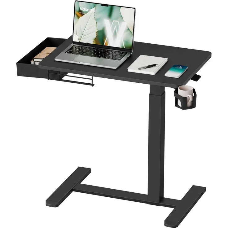VASAGLE Beistelltisch mit Schublade und Rollen, Höhenverstellbarer | Schreibtisch, Laptoptisch, 70x45 x (65-102) cm, mit Getränkehalter, für Home Office, Schwarz, BALOK Kollektion LSD610BZ01