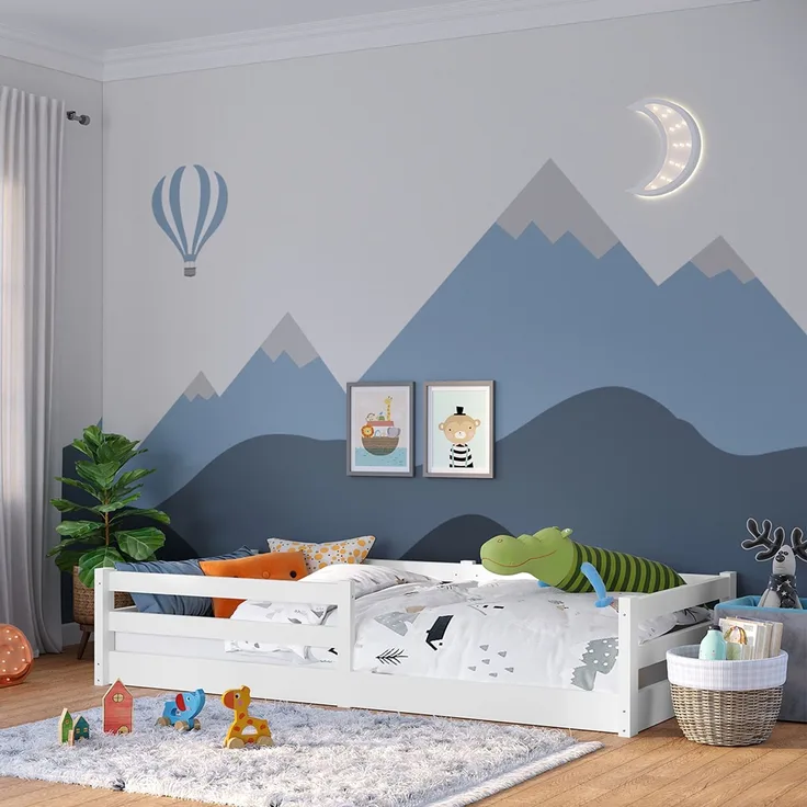 Bellabino 'Iskri' Bodenbett 90x200 cm, weiß, Massivholz Kiefer, Montessori Kinderbett mit Rausfallschutz und Lattenrost