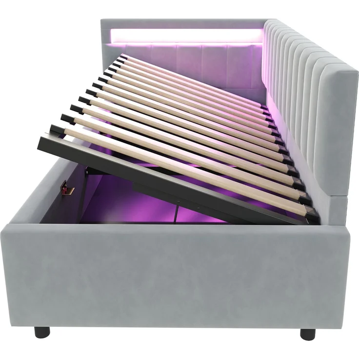 Merax Polsterbett Schlafsofa 90x200, mit LED-Beleuchtung und hydraulischem Stauraum, klassisches vertikales Streifendesign, seitliche Kopfteile mit austauschbaren Positionen, Lattenrost, Samtstoff, Hellgrau – Bild 8