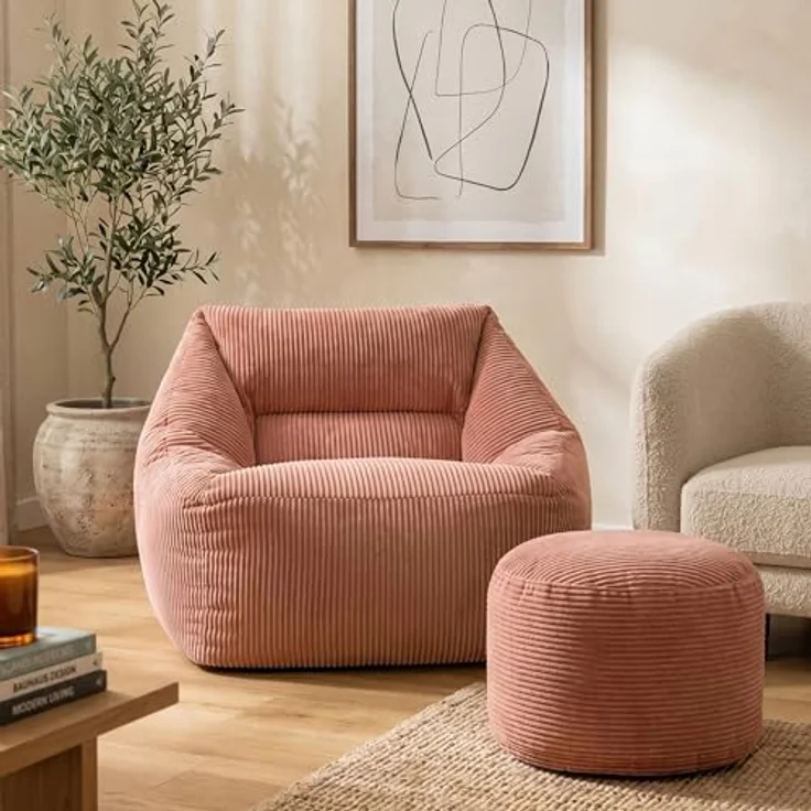 Icon Natalia Sitzsack Sessel mit Hocker für Erwachsene, Rosa, Flauschiger Cord Stoff, Riesen Sitzsack Cord mit Füllung, Bean Bag Chair, Bequemer Sessel Wohnzimmer, Lounge, Schlafzimmer, Büro – Bild 2