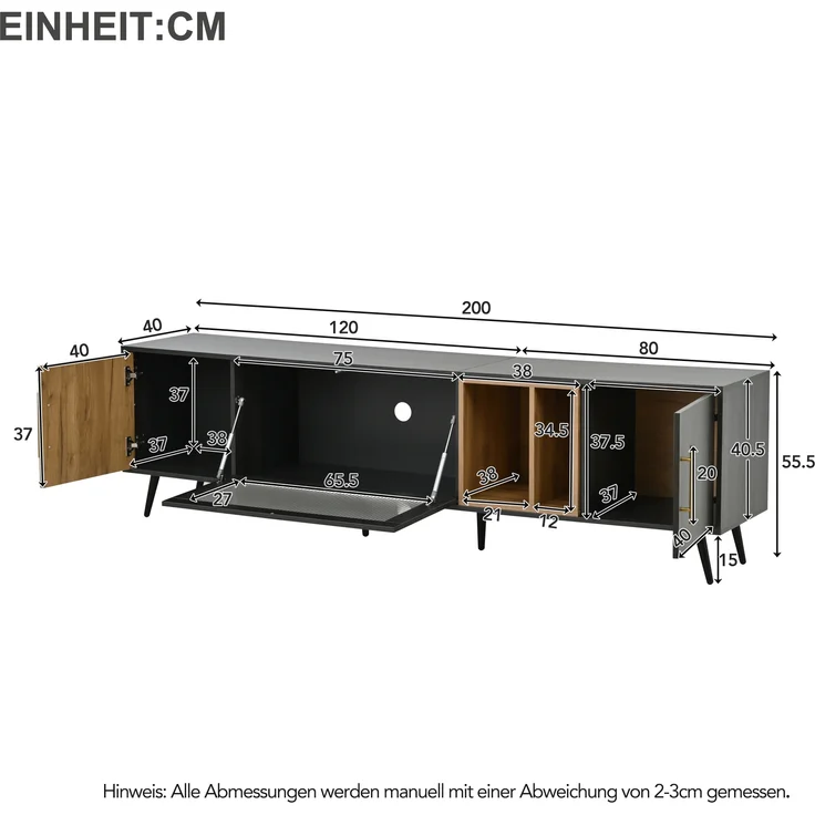 TV-Schrank Lowboard aus MDF mit Klappglasfront & Kabelmanagement, für bis zu 90 Zoll, 200x40x55,5 cm, Grau – Bild 10