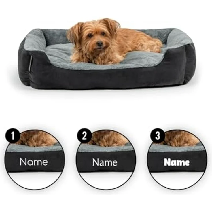 lionto Hundebett mit Wendekissen und Rutschfester Unterseite, Heimtierkissen mit tiefem Einstieg für Hunde und Katzen jeden Alters, 75x60 cm, kuscheliges Hundekissen, schwarz/grau (Namensaufdruck) – Bild 2