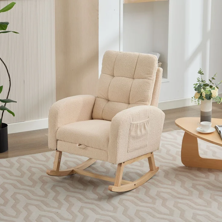 Schaukelstuhl Lammfell-Optik Beige mit hoher Rückenlehne und Armlehnen, ergonomischer Relaxsessel mit Massivholzgestell – Bild 3