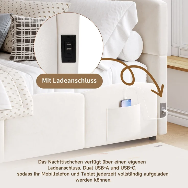 Polsterbett mit Aufbewahrung, Taschen, Lattenrost, USB und Type-C, 90x200 cm, Einzelbett mit gepolstertem Kopfteil, Samt – Bild 3