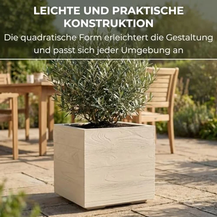 LAMELA Pflanzkübel mit Rollen 40 cm, 36L – Blumentopf aus Kunststoff in Holzoptik – Übertopf mit Wasserablauf – Modern für Innen & Außen - Wetterfest & Pflegeleicht, Beige – Bild 5
