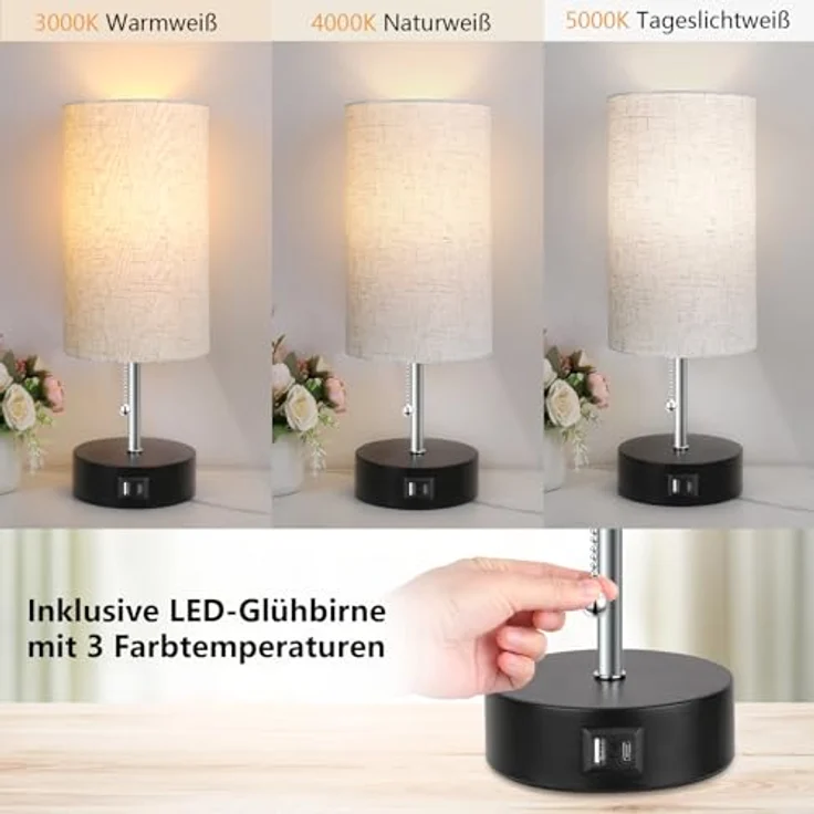 ROTTOGOON Nachttischlampe, Tischlampe mit USB A & C Ladefunktion, Otmeal | mit LED Glühbirne, 3000K/4000K/5000K, für Schlafzimmer Wohnzimmer – Bild 2