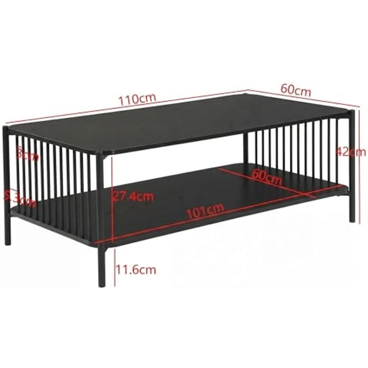 FINEBUY Couchtisch FB117145 Sofatisch 110cm Schwarz Eiche Optik Wohnzimmertisch Ablage (Moderner Wohnzimmertisch im coolen Loft-Design), Großzügige Ablagefläche für Zeitschriften & mehr – Bild 3