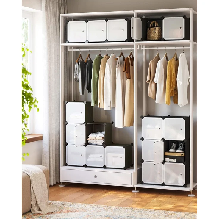 Songmics Regalsystem, Schuhregal, Set aus 16 Würfeln, Kleiderschrank aus Kunststoff, mit Türen, Steckregal, Aufbewahrung von Kleidung, Schuhen und Büchern, einfache Montage, schwarz LPC44HS – Bild 4