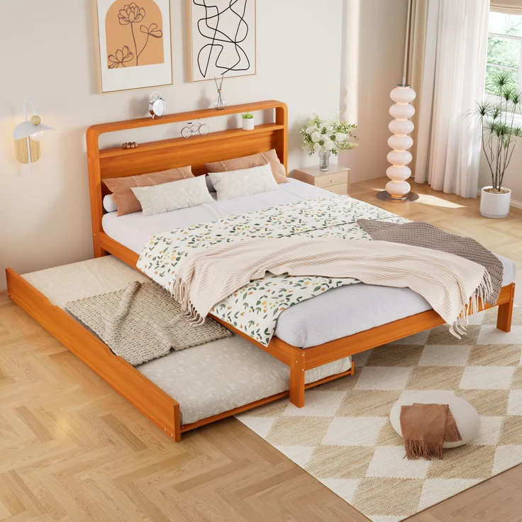 Merax Holzbett, Doppelbett, Kinderbett, 140x200 cm, mit Ausziehbett 90x190 cm, Funktionsbett mit links/rechts montierbarem Gästebett, Natur – Bild 5