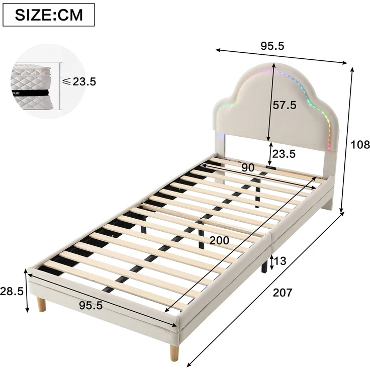U-life Polsterbett 90x200 cm, Einzelbett und Kinderbett, mit wolkenförmigem Kopfteil, LED-Lichtleiste und Samtbezug, Beige – Bild 10