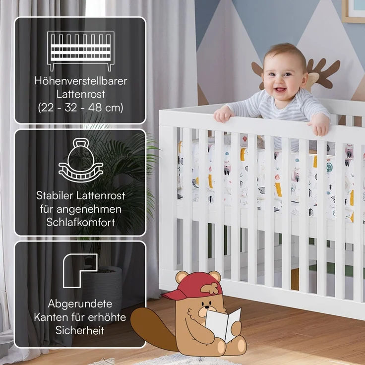Bellabino 'Liri' Babybett 70x140 cm, weiß, 3-fach höhenverstellbar, Kinderbett umbaubar zum Juniorbett (inkl. Umbauseiten) – Bild 3
