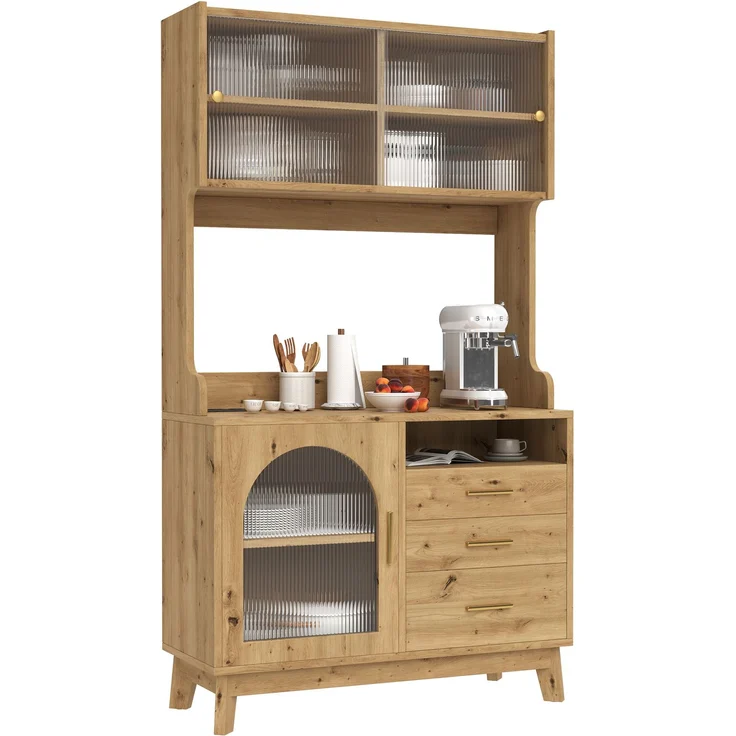 Buffetschränke, Esszimmer-Hochschrank 100.5*40*178 cm, mehrstufigem Stauraum, integrierter Steckdose sowie USB-C- und USB-A-Anschlüssen, Holzfarbe--Holz--100.5x40x178cm--YOUDENOVA – Bild 8