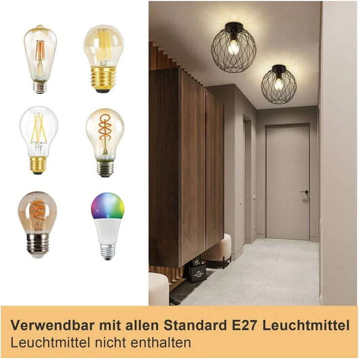 Nettlife Deckenleuchte 1 Flammig Deckenlampe Vintage E27 Schwarz Metall Lampenschirm, ohne Leuchtmittel, für Flur, Korridor, Küche, Wohnzimmer, Esszimmer, Schlafzimmer – Bild 2