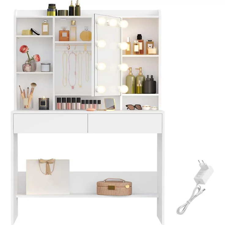 Vasagle Schminktisch mit 9 LED-Beleuchtung, 3 Farben mit Einstellbarer Helligkeit, Frisiertisch mit Spiegel für Make-up, Kosmetiktisch mit verstellbaren Ablagen, 2 Schubladen, modern, weiß RDT126W01